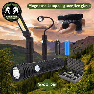 Magnetna lampa - 3 menjive glave sa dodatnom opremom na planinskoj pozadini.