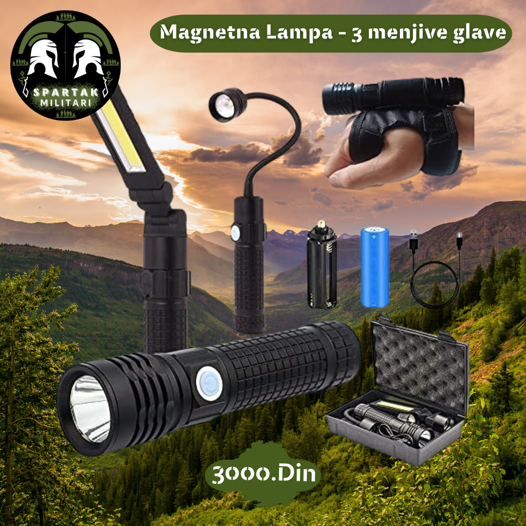 Magnetna lampa - 3 menjive glave sa dodatnom opremom na planinskoj pozadini.