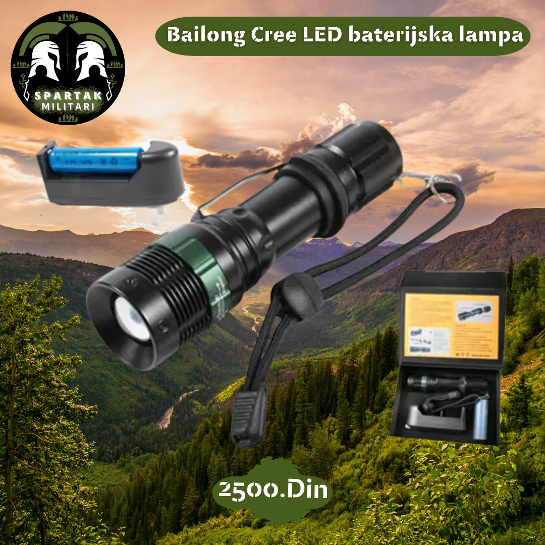 "Komplet Bailong Cree LED baterijske lampe sa punjivom baterijom, punjačem i kutijom, u planinskom ambijentu"