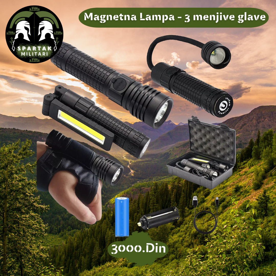 Zamenjive glave za magnetnu lampu raspoređene uz kutiju i baterije.