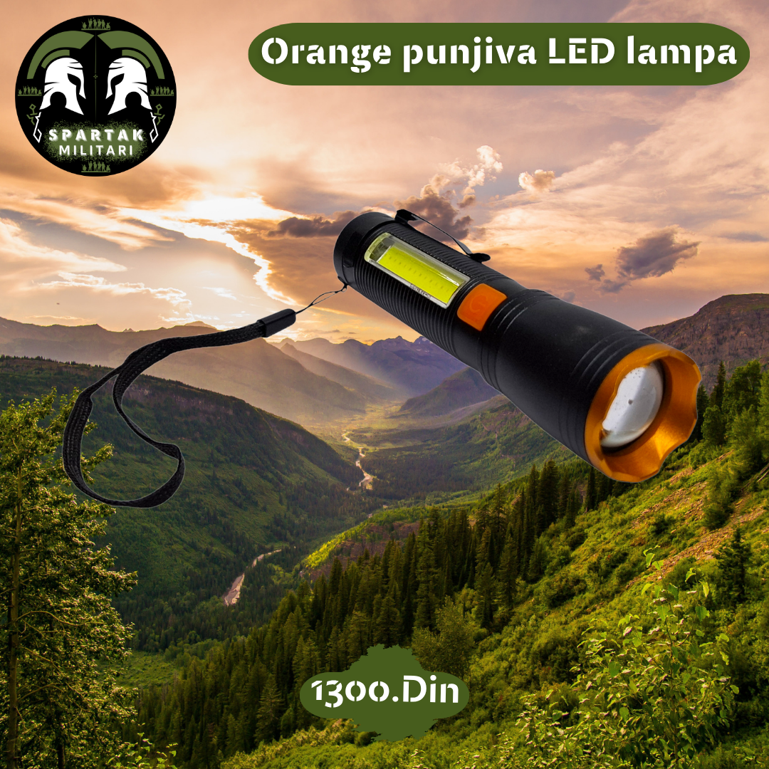 Bočni pogled na orange punjivu LED lampu sa narandžastim tasterom i trakom.
