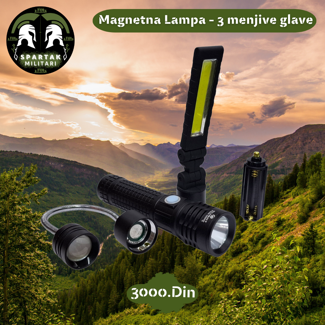 Magnetna lampa sa COB svetlom i fleksibilnim nastavkom na planinskom pejzažu.