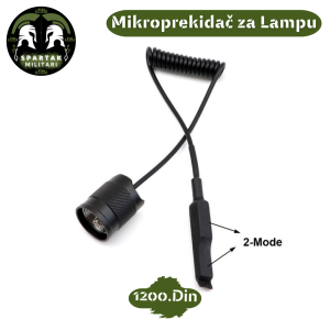 Crni mikroprekidač za lampu sa strelicom „2‑Mode“ i spiralnim kablom na beloj pozadini.