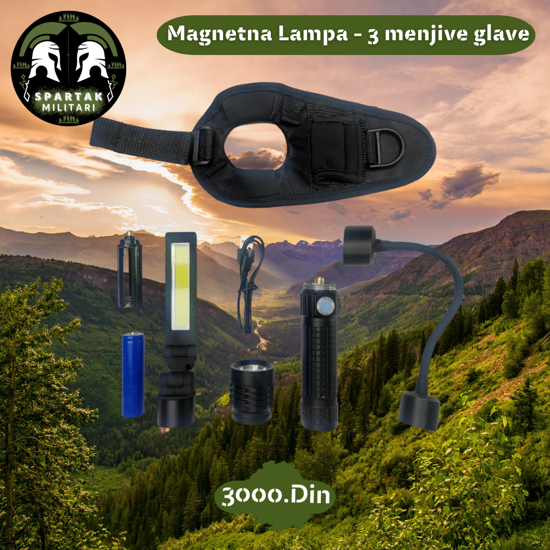 Kompletan set magnetne lampe sa tri zamenjive glave, punjačem i rukavicom.