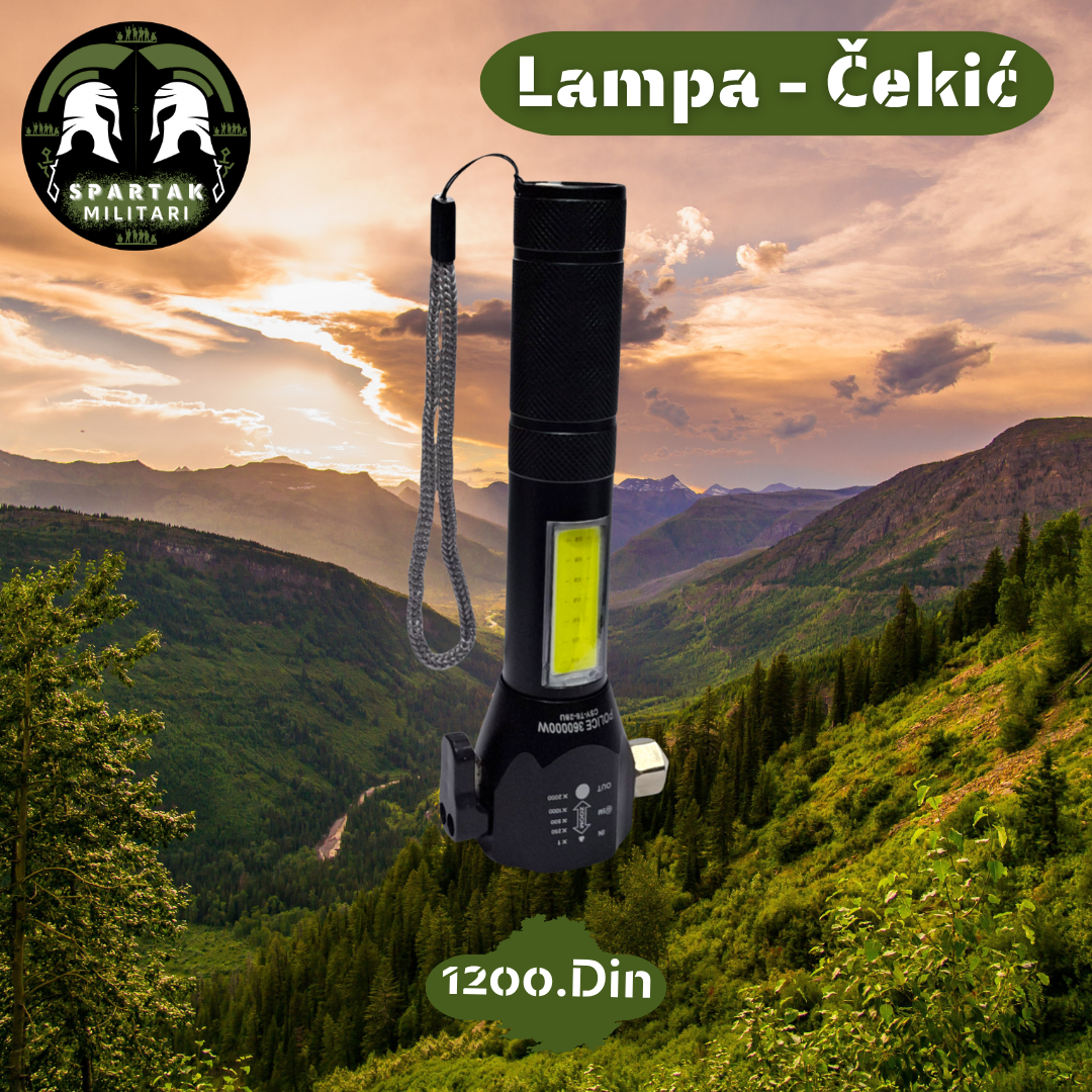 Lampa sa sigurnosnim čekićem i kaišem, prikazana u planinskom pejzažu.