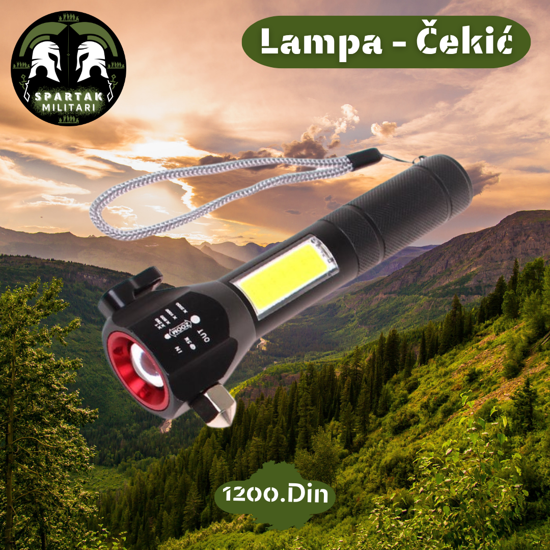 Crna LED lampa sa reflektorom i sigurnosnim čekićem na planinskoj pozadini.
