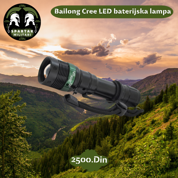 "Bailong Cree LED baterijska lampa sa kaišem, prikazana na planinskoj pozadini, cena 2500 dinara"