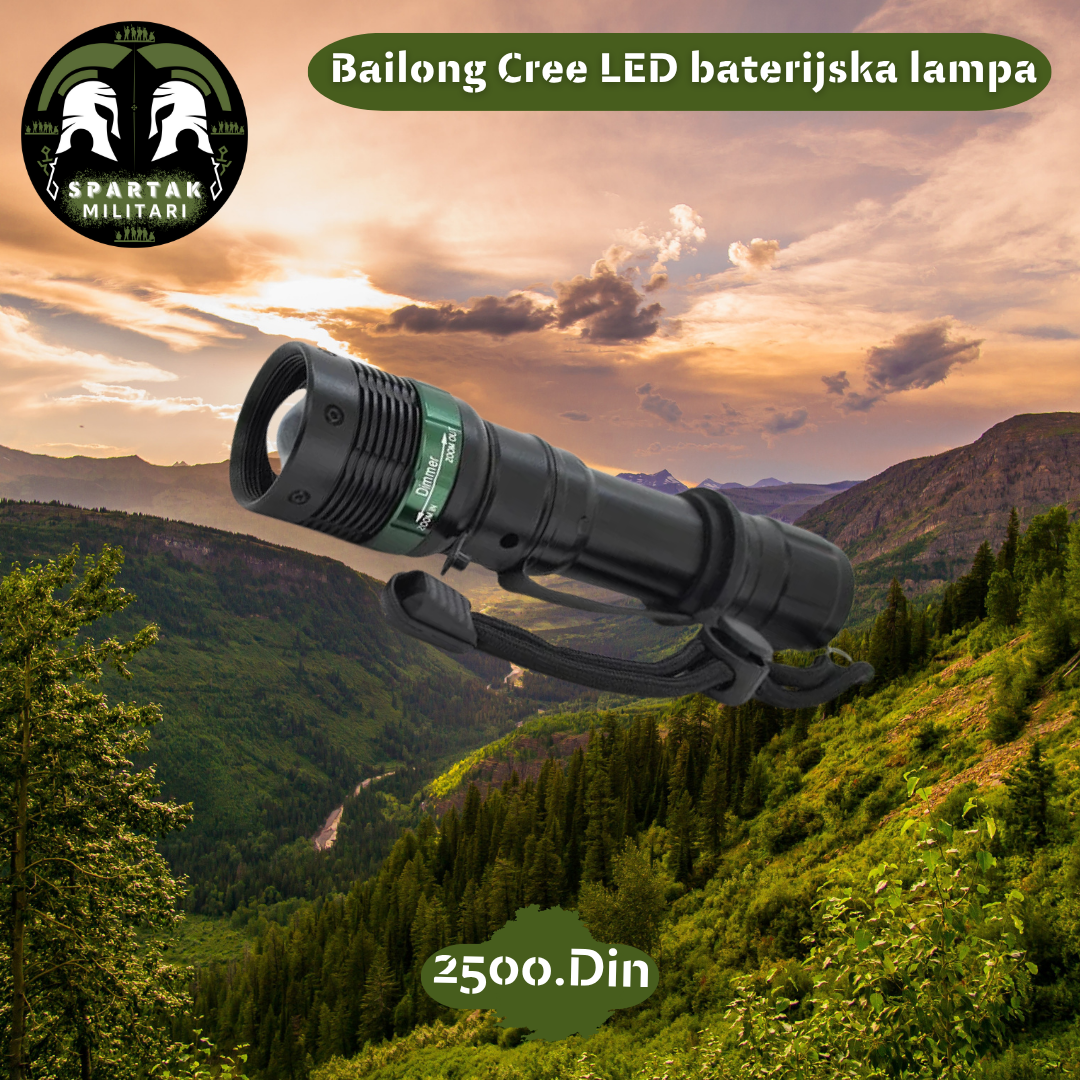 "Bailong Cree LED baterijska lampa sa kaišem, prikazana na planinskoj pozadini, cena 2500 dinara"